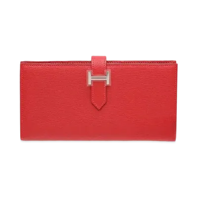 Hermes Bearn Soufflet Chevre Mysore "Rouge Casaque/Silver"