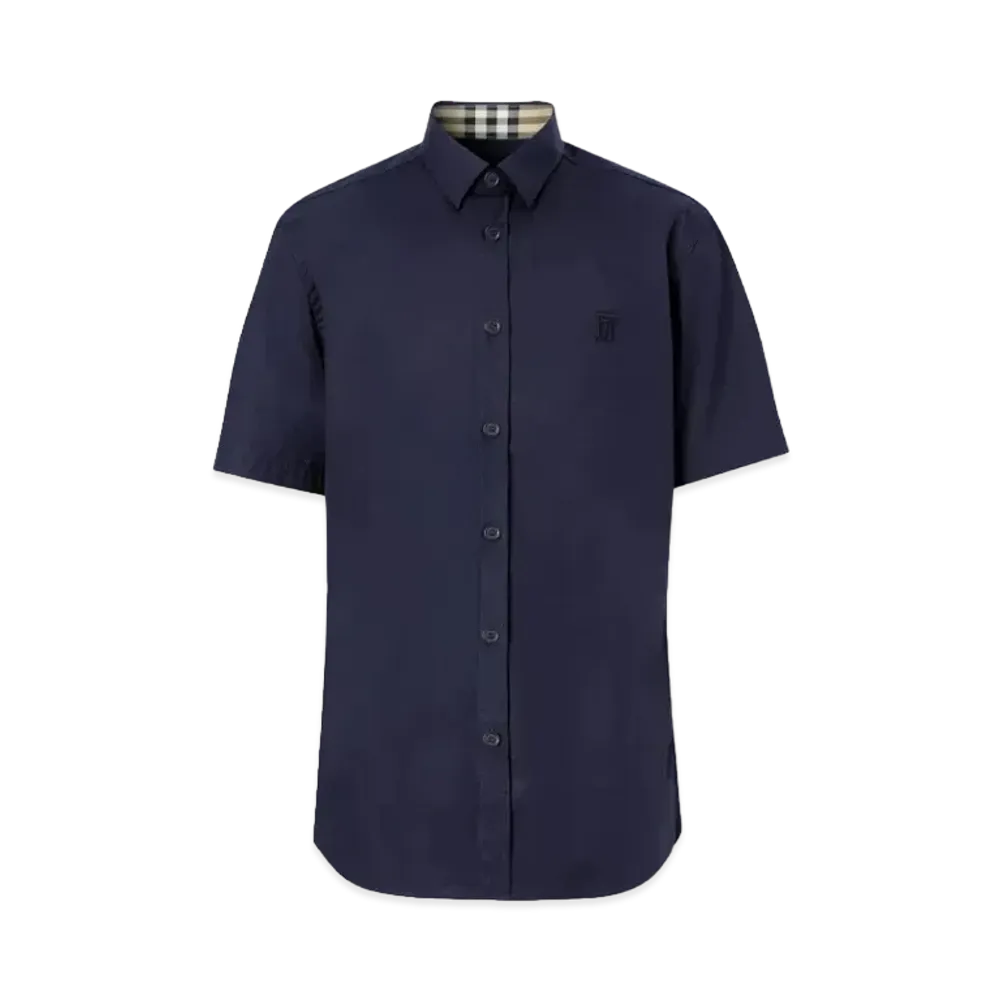 Burberry Men's Short Sleeve Monogram Motif Stretch Cotton Shirt "Navy"