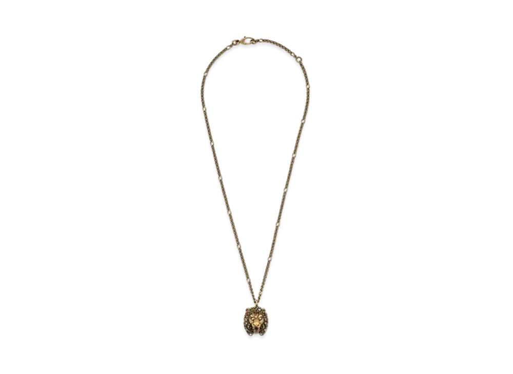 GUCCI Lion Head Pearl Necklace "Gold"
