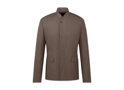 Dior Men's Jacket with Buttoned Collar Striped Silk-Blend Seersucker "Brown"