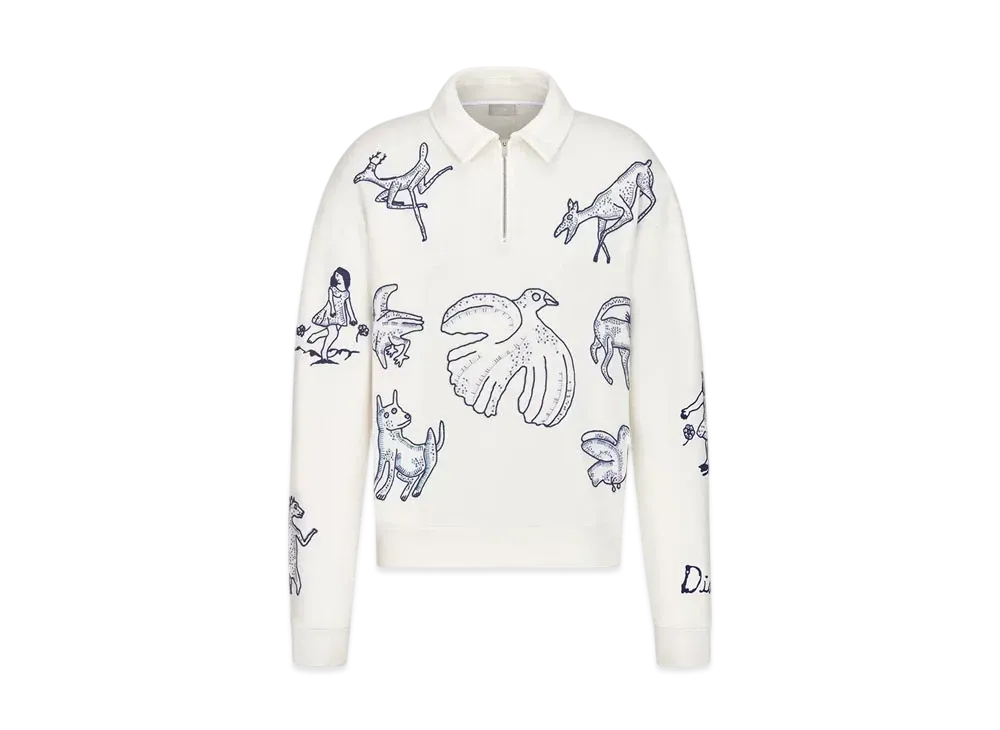 Dior Men's Sweatshirt with Zipped Collar Cotton Fleece "White"