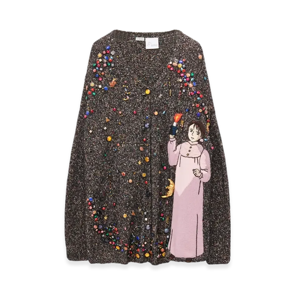 LOEWE x Howl's Moving Castle Embellished Cardigan in Cashmere And Wool Blend "Dark Grey/Multicolor"