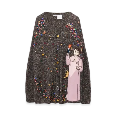 LOEWE x Howl's Moving Castle Embellished Cardigan in Cashmere And Wool Blend "Dark Grey/Multicolor"