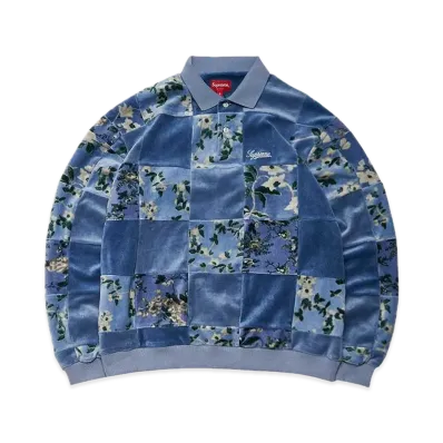 Supreme Floral Patchwork Velour L/S Polo "Slate"