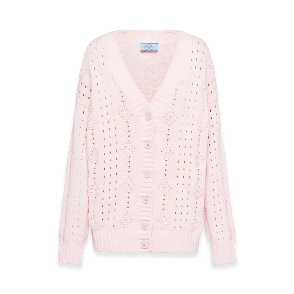 PRADA Women's Openwork Knit Cotton Cardigan "Pink"