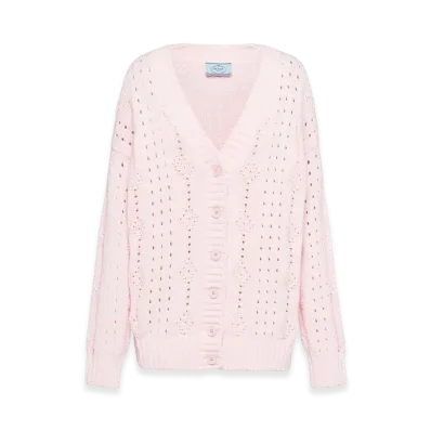 PRADA Women's Openwork Knit Cotton Cardigan "Pink"