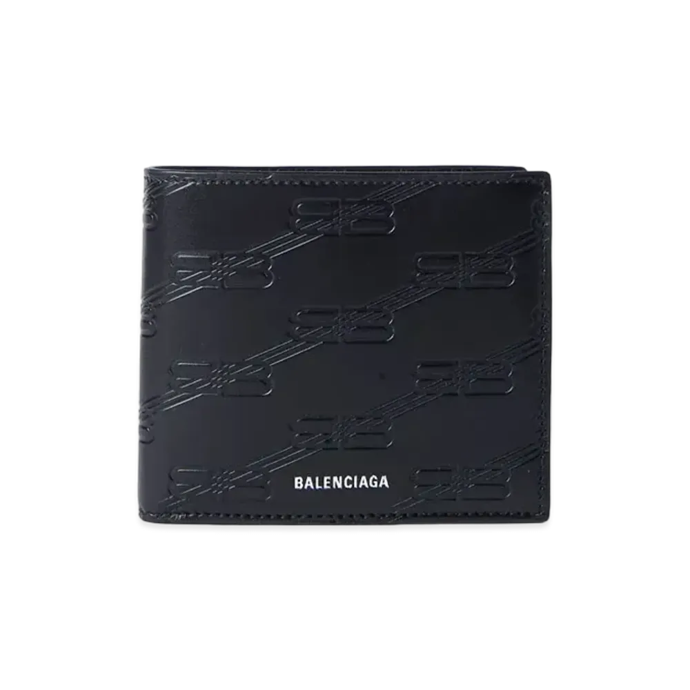 BALENCIAGA Square Folded Coin Wallet Embossed BB Monogram Box Calfskin "Black"