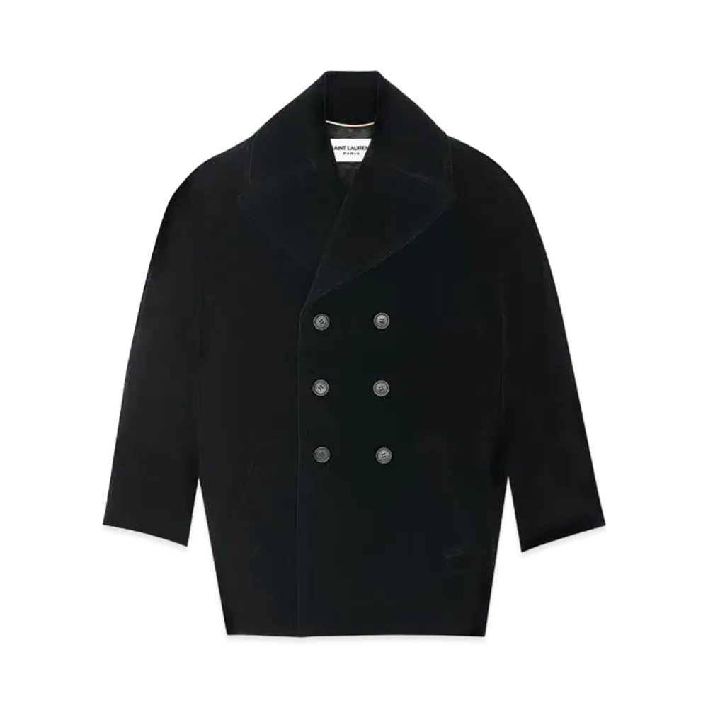 Saint Laurent Women's Cassandre Peacoat in Cotton Velvet "Noir"