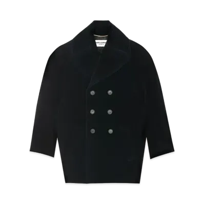 Saint Laurent Women's Cassandre Peacoat in Cotton Velvet "Noir"