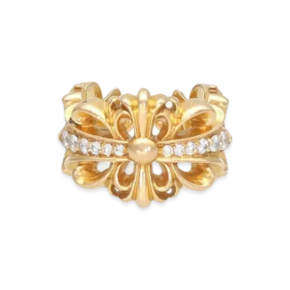 Chrome Hearts 22K Double Floral Cross Pave Diamond Ring "Yellow Gold"