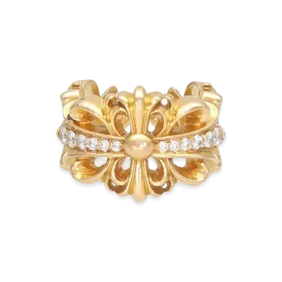 Chrome Hearts 22K Double Floral Cross Pave Diamond Ring "Yellow Gold"