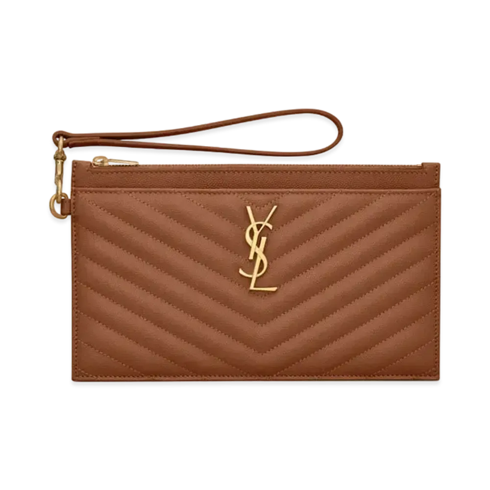 SAINT LAURENT Monogram Large Bill Pouch In Quilted Grained Leather "Dark Natural"