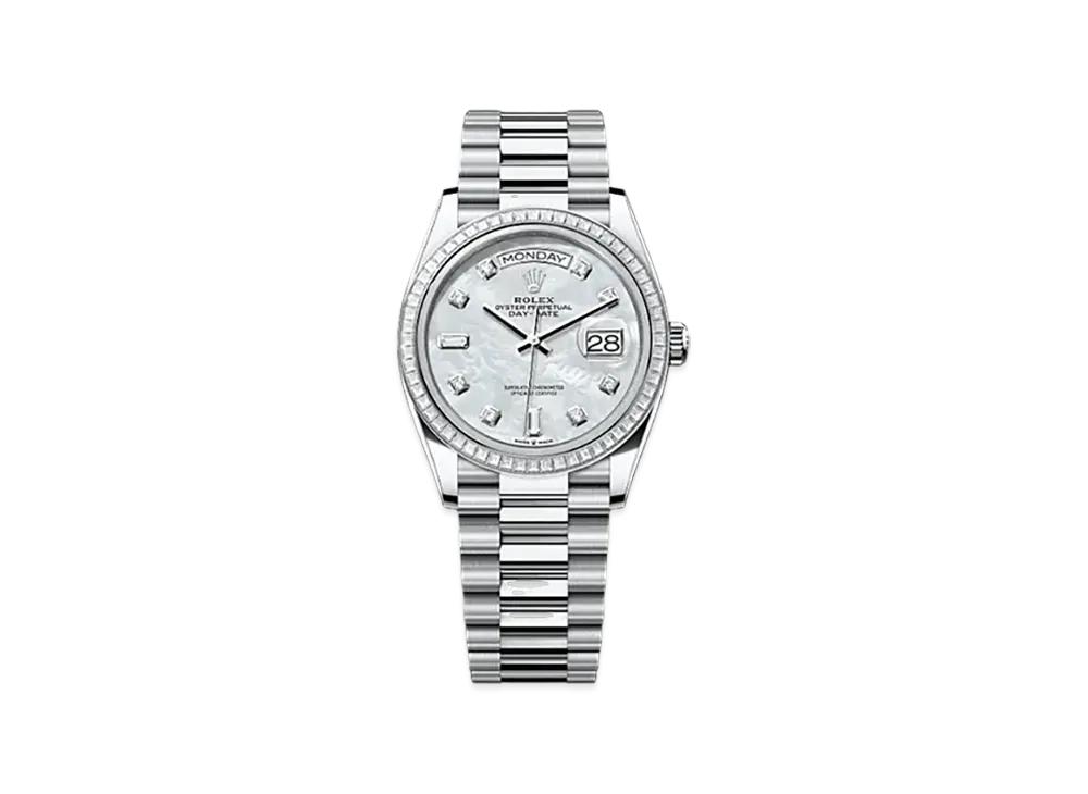 ROLEX Day-Date 36mm Platinum Diamond 128396TBR "White Mother-of-Pearl"