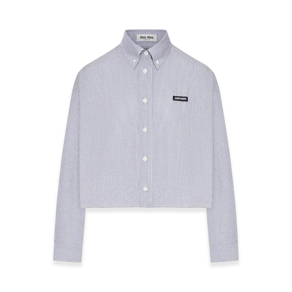 MIU MIU Women's Check Pattern Cropped Poplin Shirt "Blue"