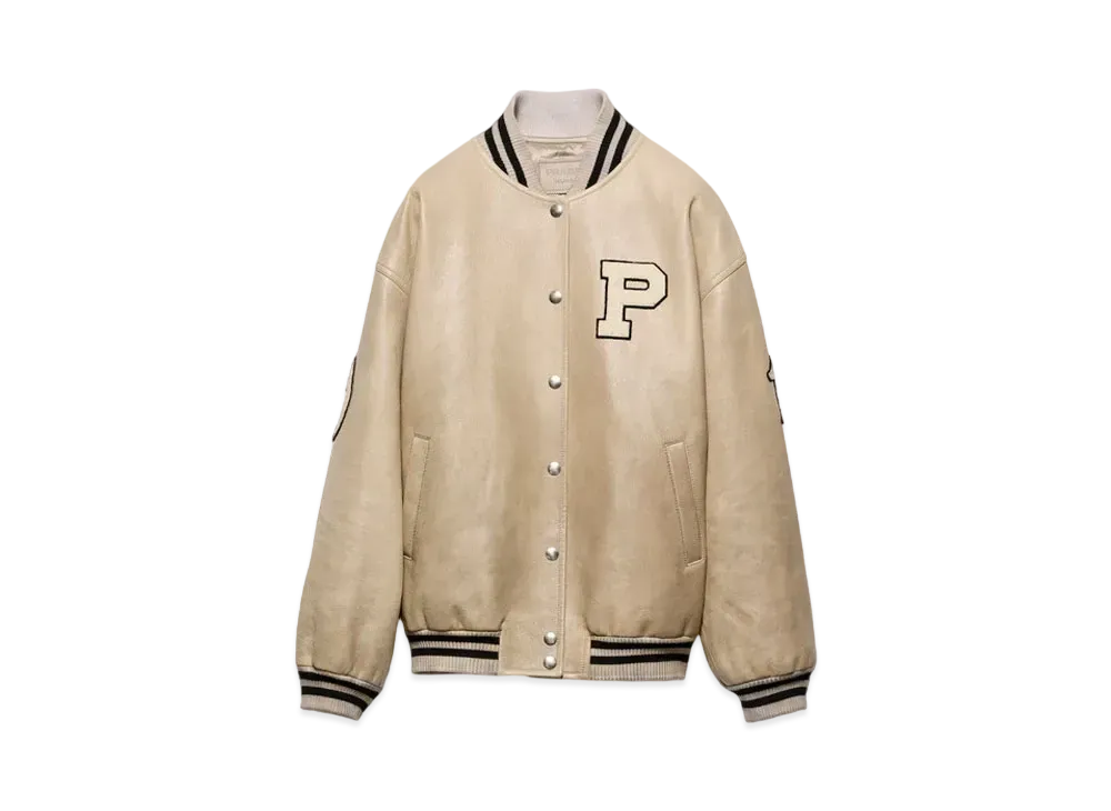 PRADA Women's Leather Bomber Jacket with Patch "Ivory"