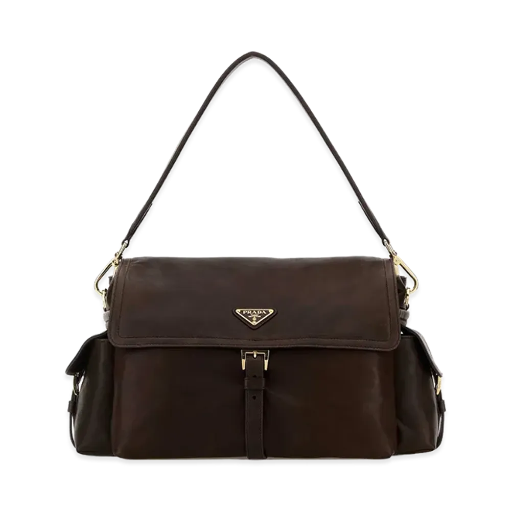 PRADA Wonen's Explore Large Vintage Look-Treated Leather Shoulder Bag With Flap "Brown"