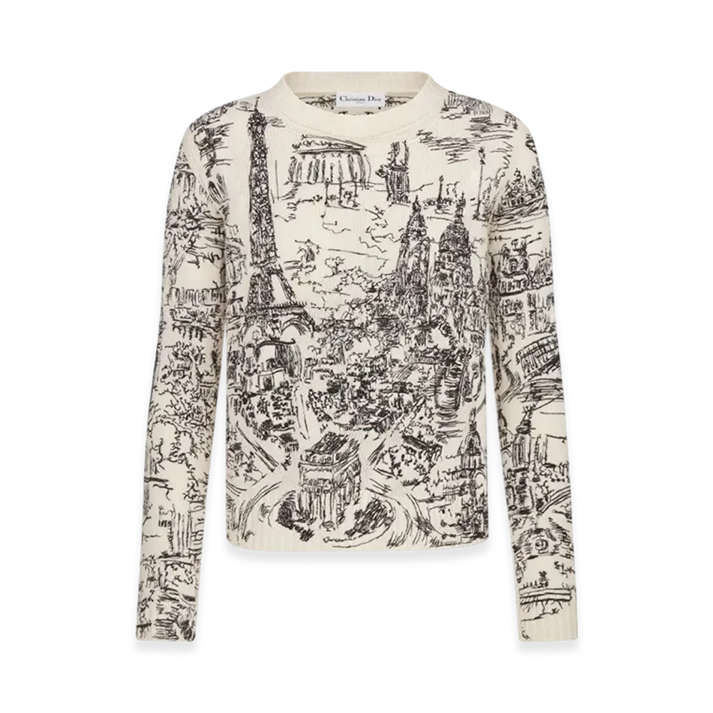 Dior Women's Cashmere Knit with Paris Allover Motif Embroidered Sweater "White/Black"