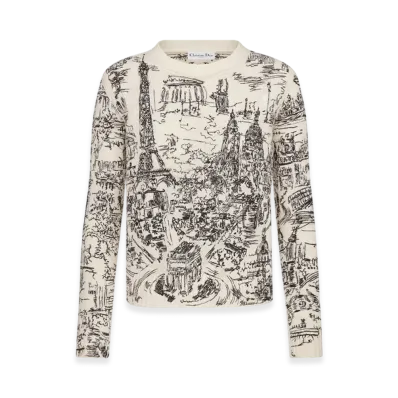 Dior Women's Cashmere Knit with Paris Allover Motif Embroidered Sweater "White/Black"