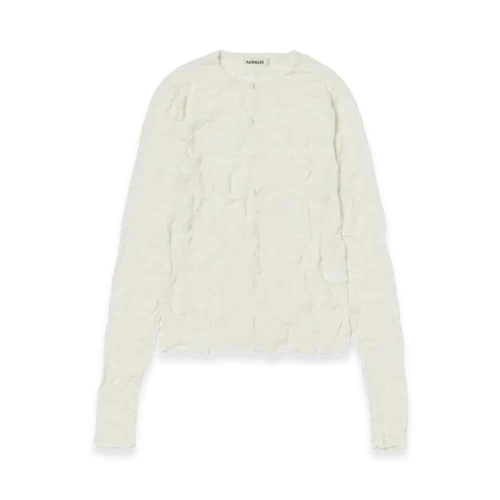 AURALEE Wrinkled Wool Polyester High Gauge Knit Crew Neck Cardigan "Ivory White"