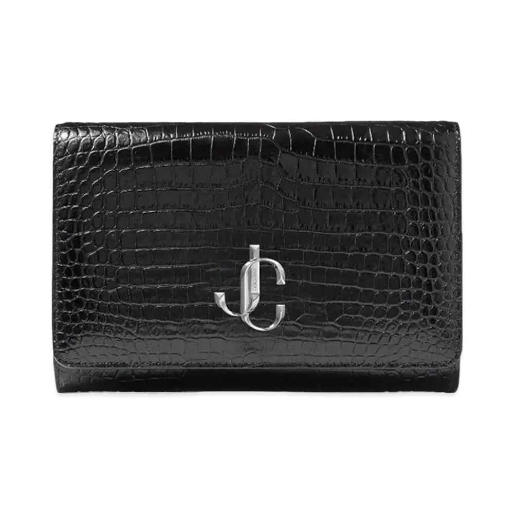 Jimmy Choo Varenne Clutch Croc-Embossed Leather Clutch Bag With JC Logo "Black"