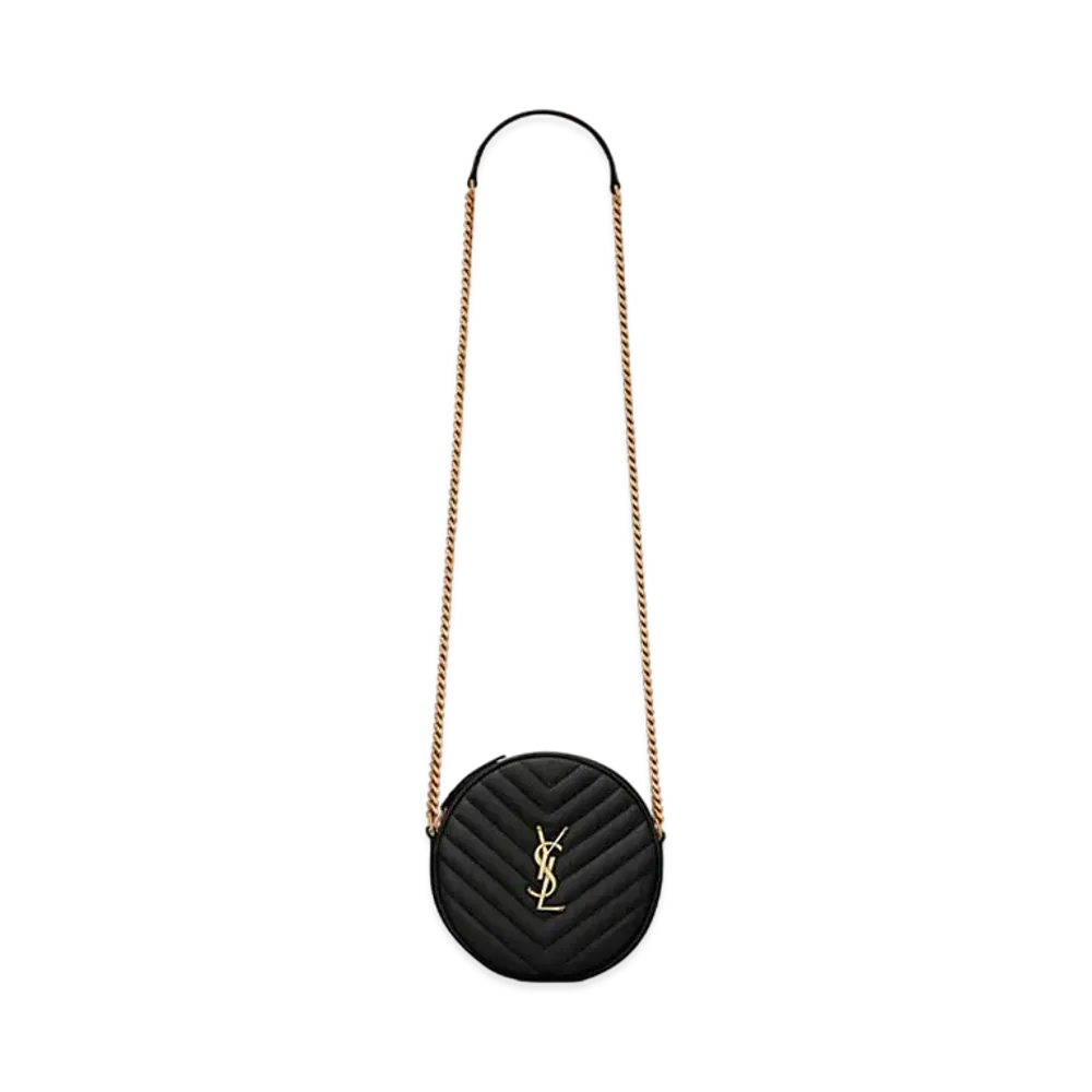 Saint Laurent Vinyle Round Camera Bag In Chevron-Quilted Grain De Poudre Embossed Leather "Black"