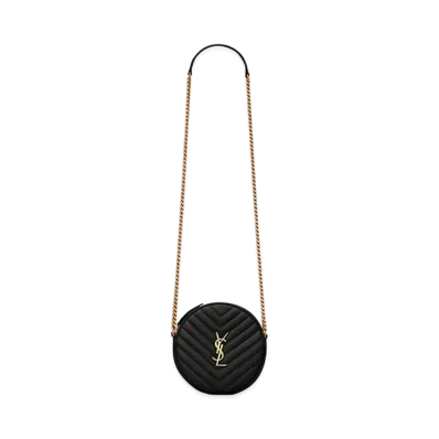 Saint Laurent Vinyle Round Camera Bag In Chevron-Quilted Grain De Poudre Embossed Leather "Black"