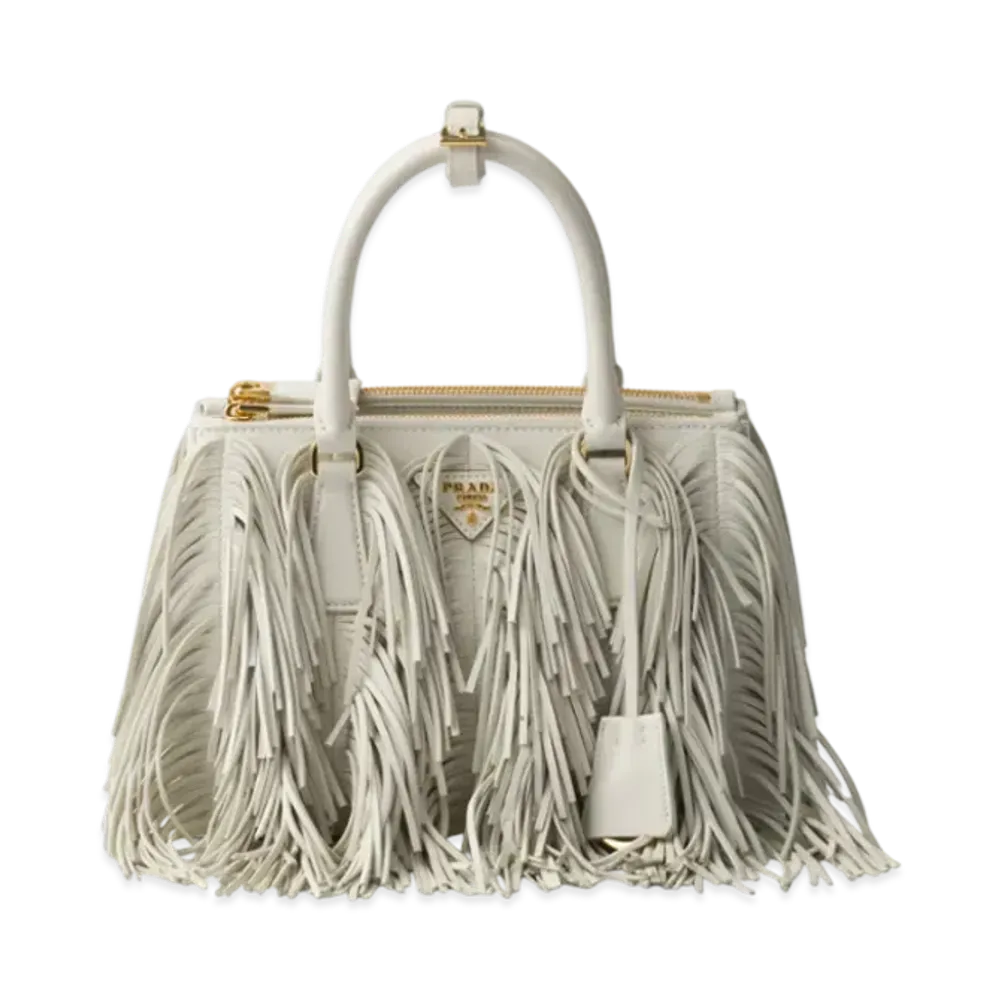 PRADA Galleria Small Leather Bag with Fringe "White"