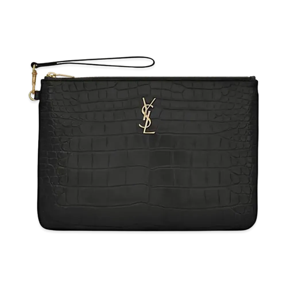 Saint Laurent Monogram Tablet Pouch In Crocodile-Embossed Leather "Black"