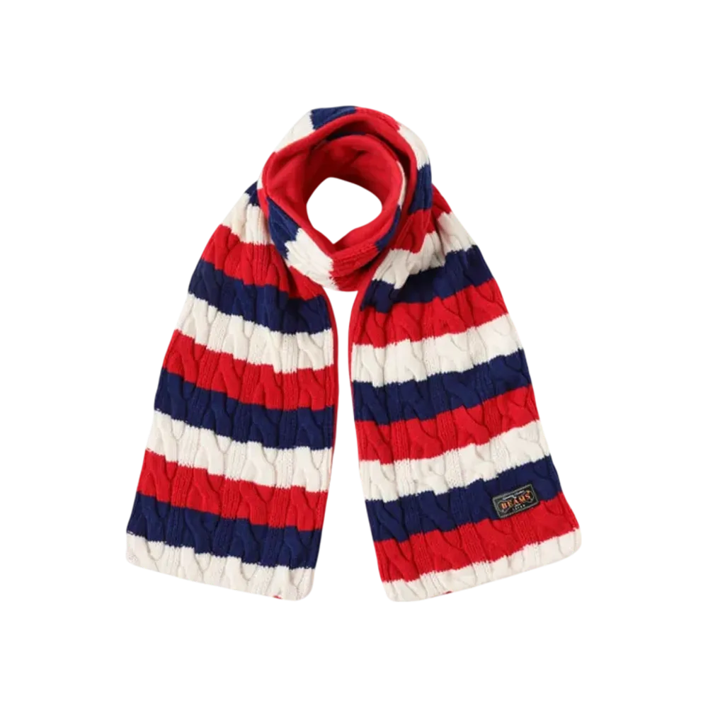 BEAMS Muffler Cable Stripe Wool Fleece "White/Red/Blue/Red"