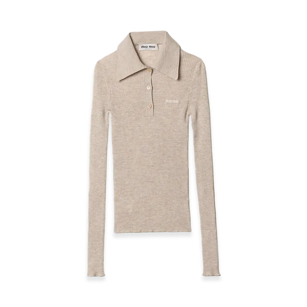 MIU MIU Women's Cashmere and Silk Knit Polo Shirt "Sand Beige"