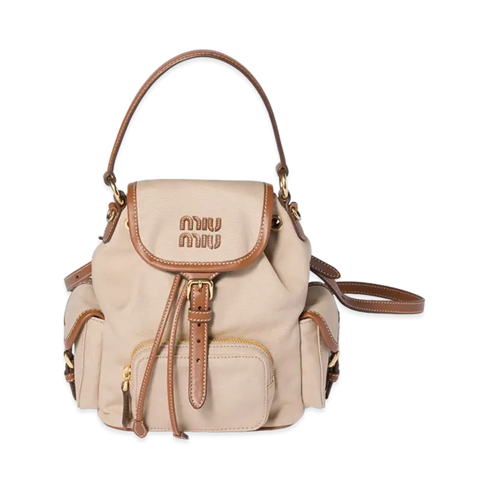 MIU MIU Canvas x Leather Backpack "Cord Beige/Brandy"