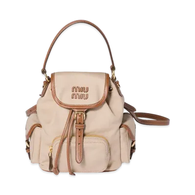 MIU MIU Canvas x Leather Backpack "Cord Beige/Brandy"