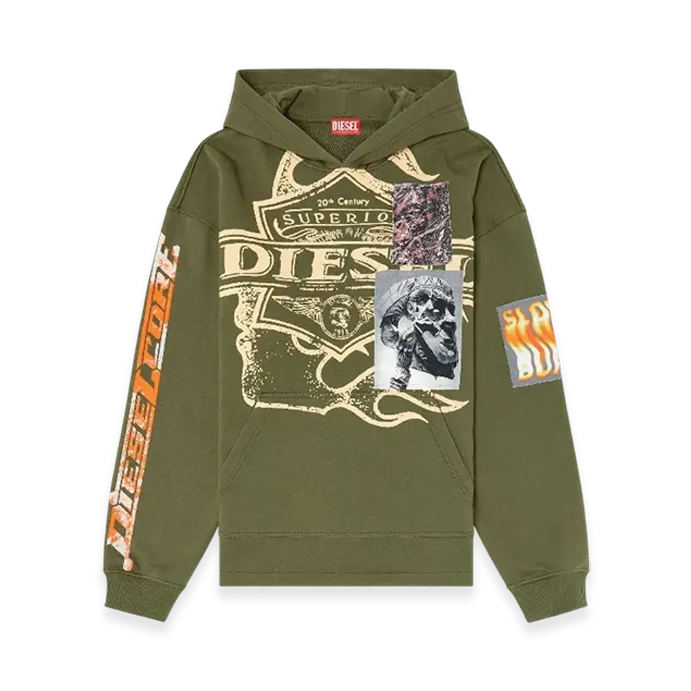 Diesel S-Baxt-Hood-R1 Hoodie With Prints And Logo Patches "Olive Green"