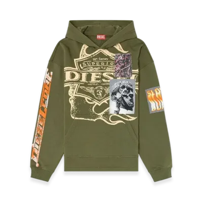 Diesel S-Baxt-Hood-R1 Hoodie With Prints And Logo Patches "Olive Green"