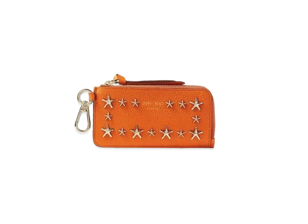 JIMMY CHOO LISE-Z Soft Grainy Calf Leather Card Case With Star Studs "Amber Orange"