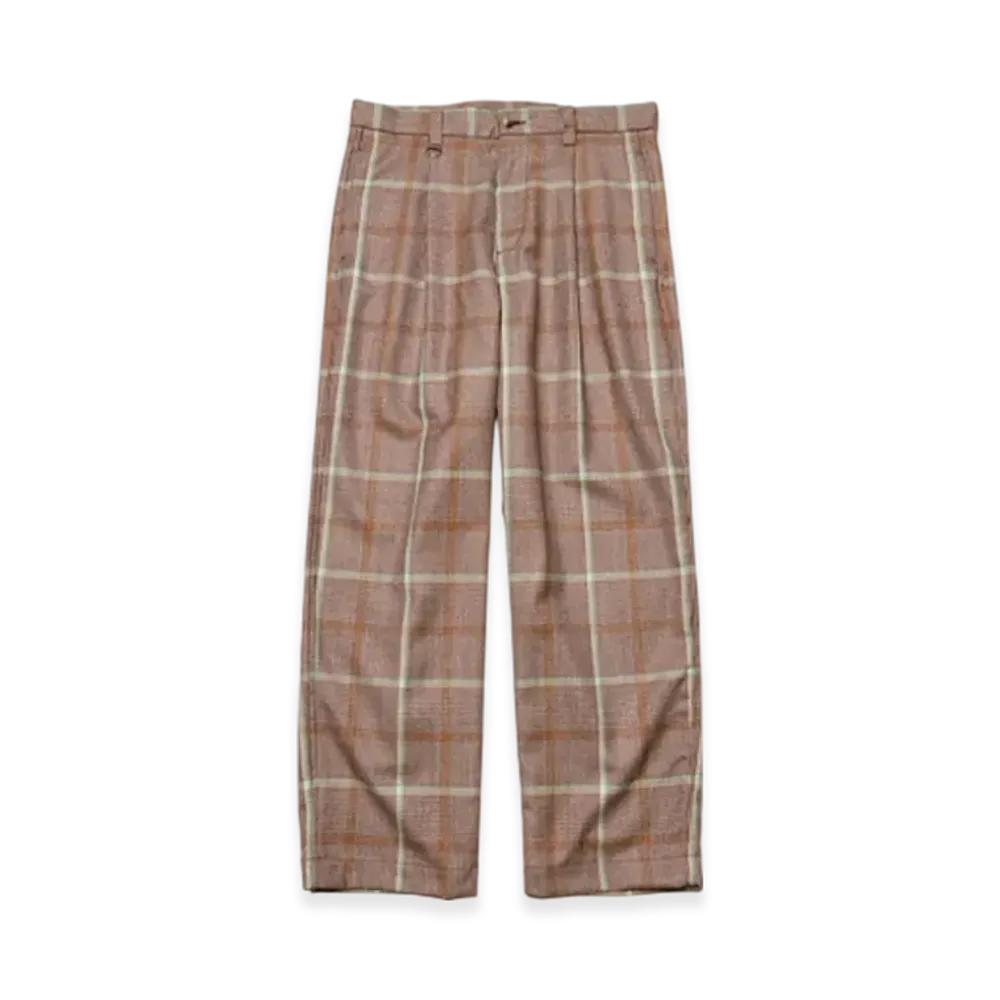SOPHNET. Saxony Wool Check Relax-Fit Tuck Slacks "Brown Check"