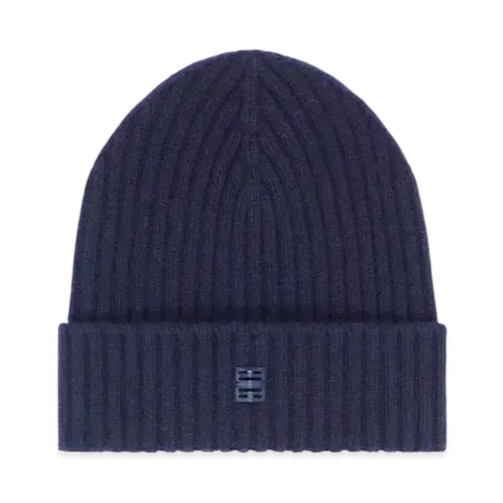 GIVENCHY Ribbed Beanie In Wool and Cashmere With 4G Detail "Deep Blue"