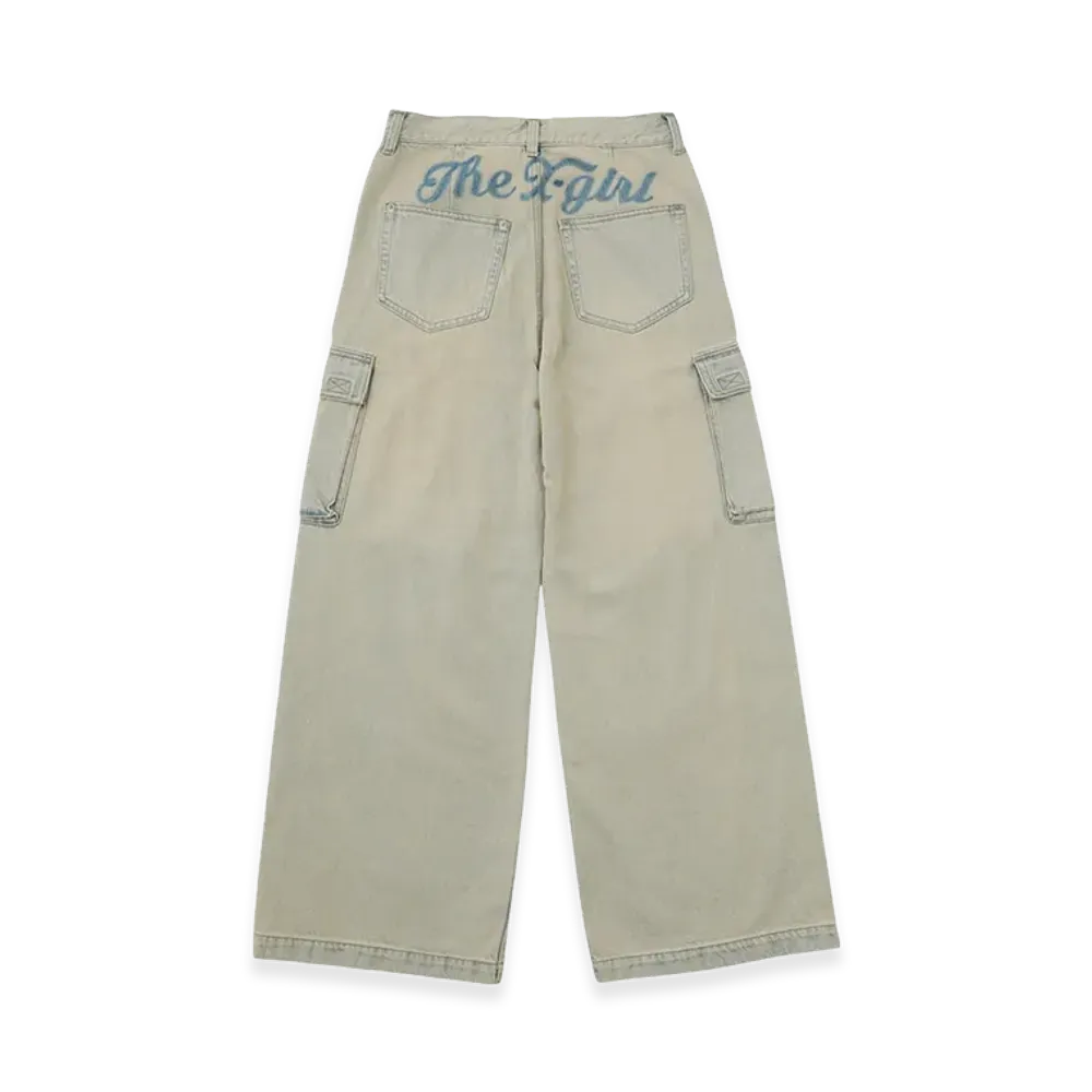 X-Girl Women's Cursive Logo Denim Cargo Pants "Light Indigo"