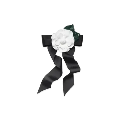 CHANEL Camellia Barrette Silk & Cotton "White/Black /Green"