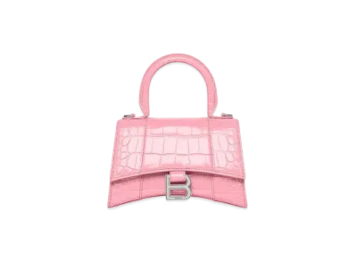 BALENCIAGA Hourglass XS Handbag In Shiny Crocodile Embossed Calfskin "Pink"