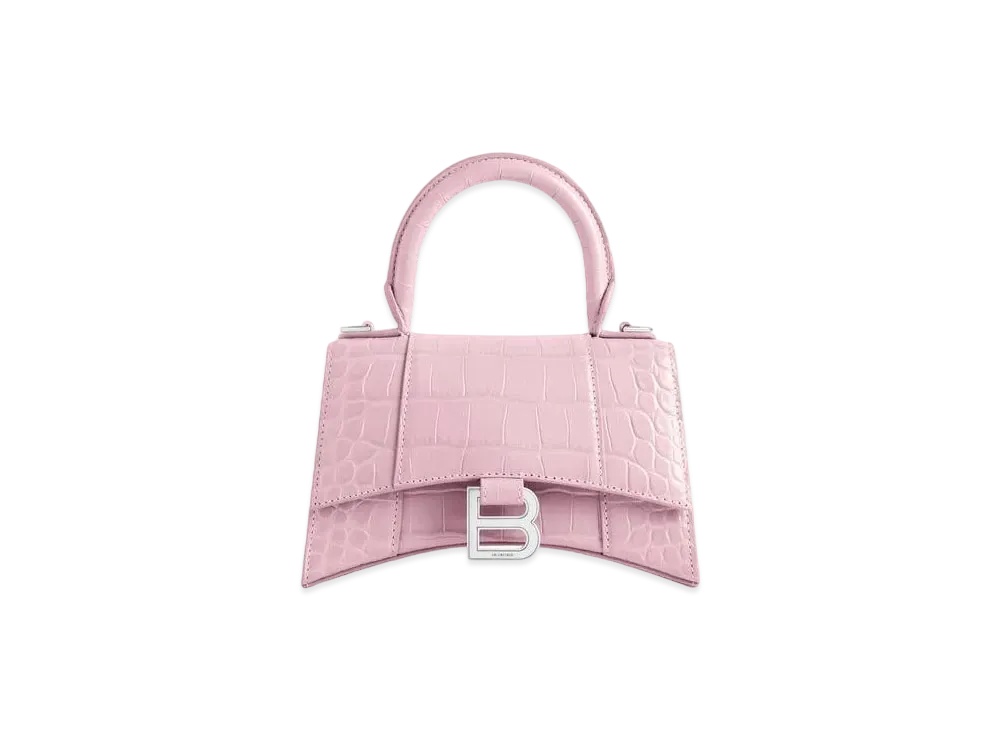 BALENCIAGA Hourglass XS Handbag In Shiny Crocodile Embossed Calfskin "Pink"