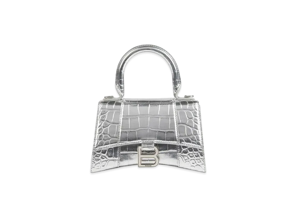 BALENCIAGA Hourglass XS Handbag In Metallized shiny Crocodile Embossed Calfskin"Silver"