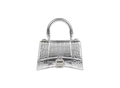 BALENCIAGA Hourglass XS Handbag In Metallized shiny Crocodile Embossed Calfskin"Silver"