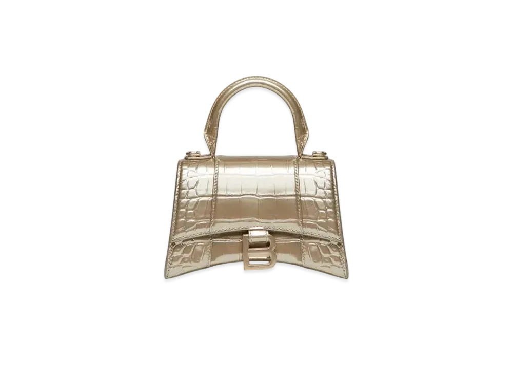 BALENCIAGA Hourglass XS Handbag Metallized Crocodile Embossed "Gold"