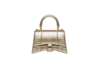 BALENCIAGA Hourglass XS Handbag Metallized Crocodile Embossed "Gold"
