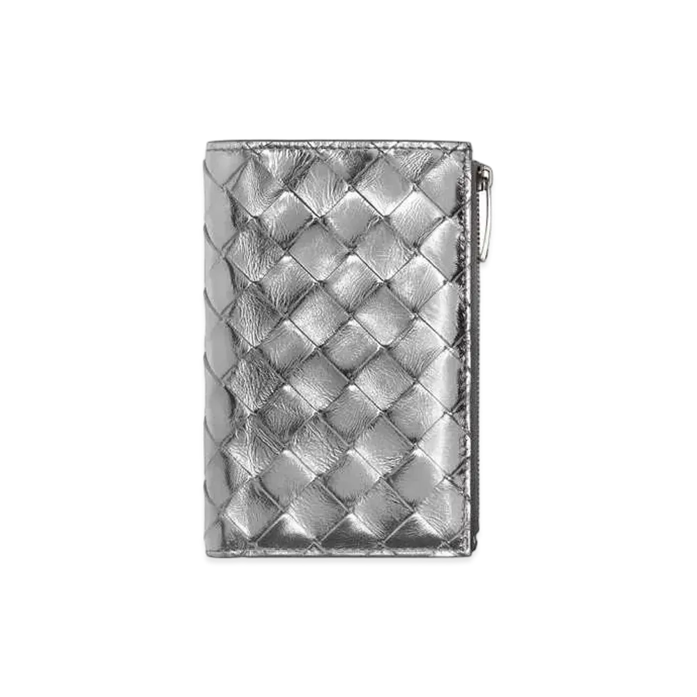 Bottega Veneta Intrecciato Lambskin Medium Bi-fold Zip Wallet "Silver"