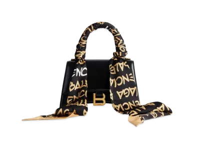 BALENCIAGA Hourglass Small Handbag in Funky Font Allover Logo Printed Scarf and Black Shiny Box Calfskin, Aged-Gold Hardware "Black/Beige"