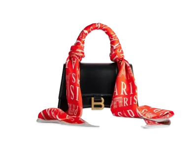 BALENCIAGA Hourglass Small Handbag in Paris Allover Logo Printed Scarf and Black Shiny Box Calfskin, Aged-Gold Hardware "Red/White"