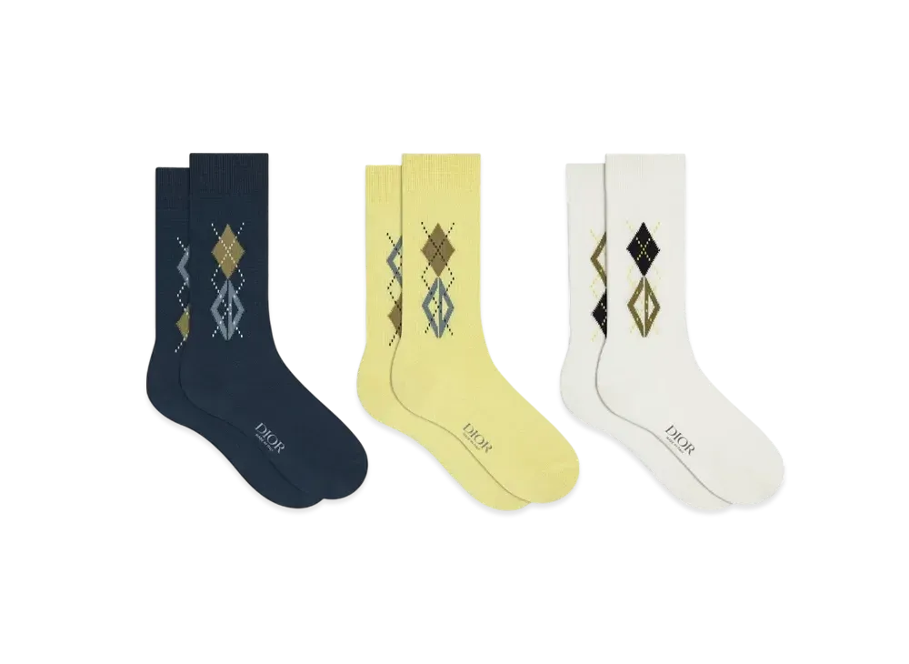 Dior Set of CD Diamond Socks Cotton Blend "Yellow/Navy Blue/White"