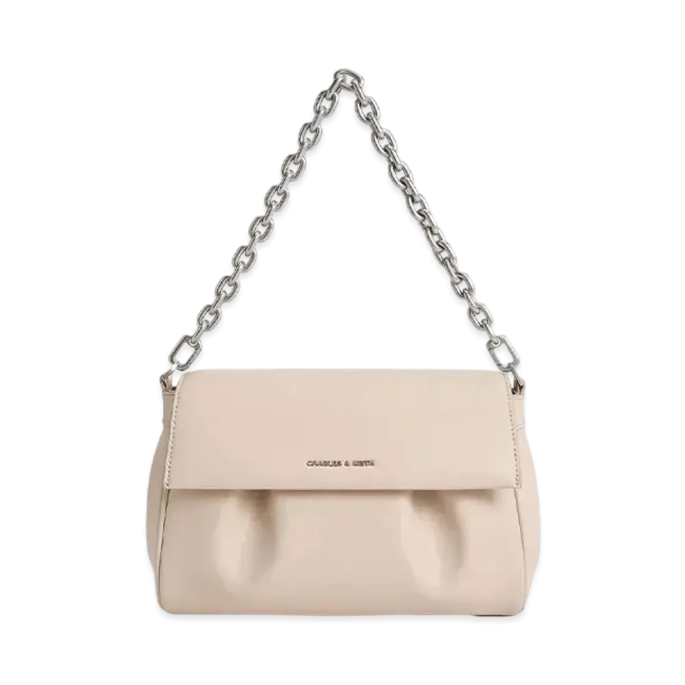 CHARLES & KEITH Carla Front-Flap Chain-Handle Bag "Oat"